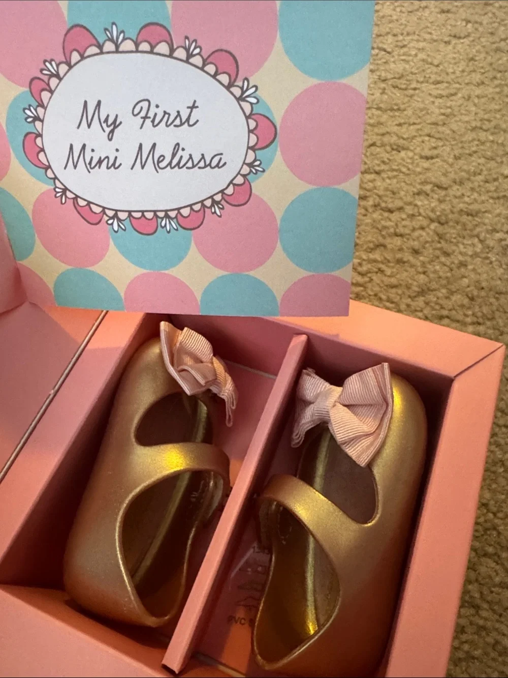 Mini Melissa Metallic Rose Gold Mary Janes with Pink Fabric Bows. Used w/box